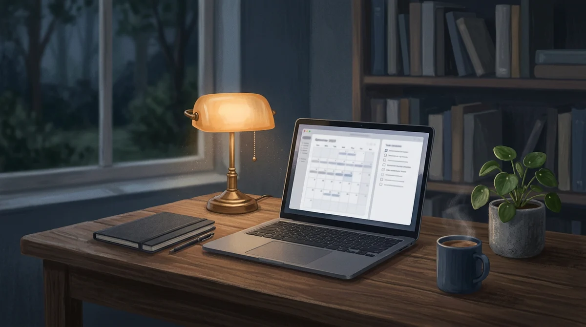 Illustration: quiet desk with laptop, notebook, and warm lamp light — solo consultant workspace