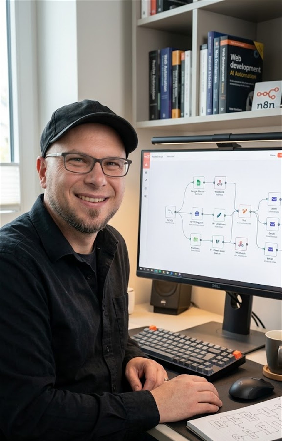 Lorenz Wieseke at his desk with an n8n automation workflow on screen
