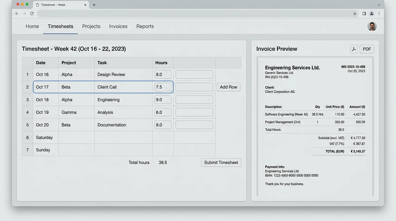 Generic product-style preview: weekly timesheet and invoice document (illustrative, not Zep or client UI)